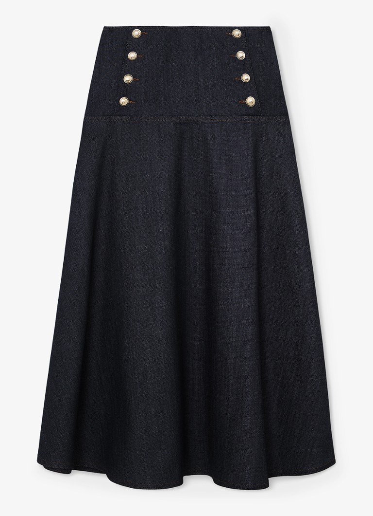 Reiss Dames Skylar midi rok van denim met sierknopen in de kleur Dark Blue / Blauw