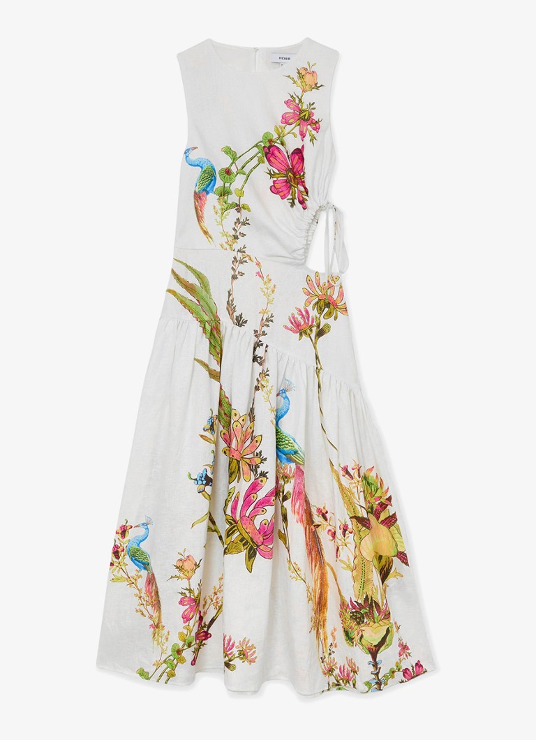 Reiss Dames Bianca midi jurk van linnen met cut-out detail in de kleur Wit