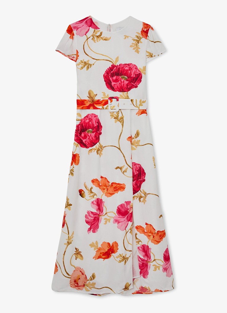 Reiss Dames Lyra midi jurk met bloemenprint en ceintuur in de kleur Roze