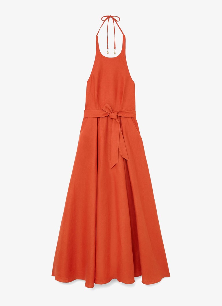 Reiss Dames Paules maxi jurk van linnen met strikceintuur in de kleur Koraal