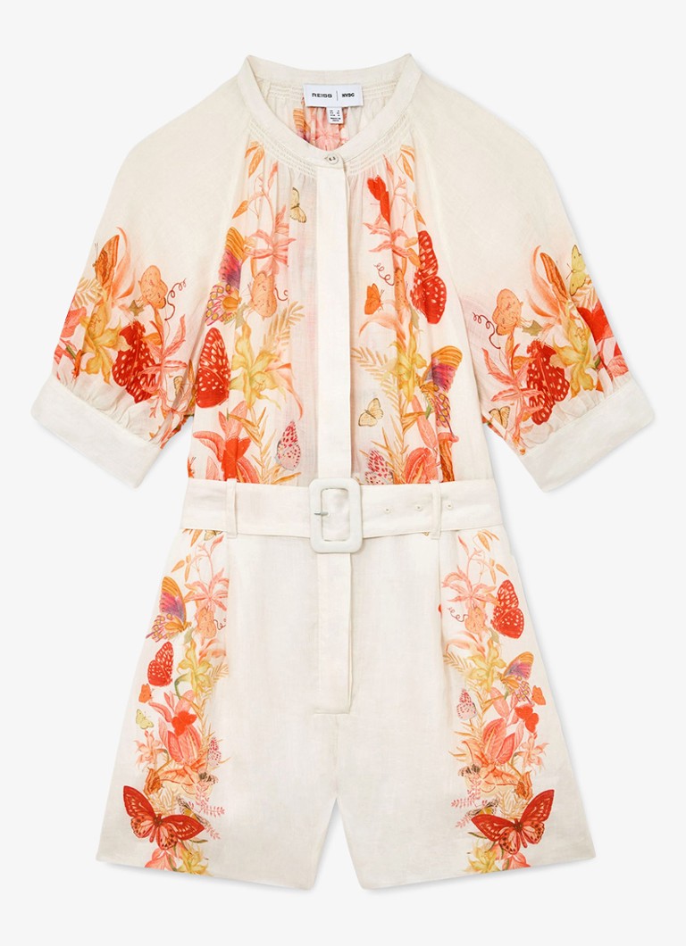 Reiss Dames Lucia straight fit playsuit met strikceintuur en bloemenprint in de kleur Oranje