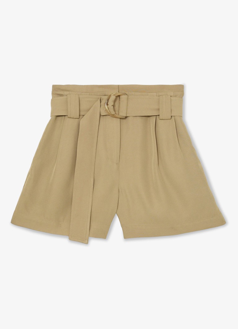 Reiss Dames Lana high waist wide fit korte broek met ceintuur in de kleur Beige
