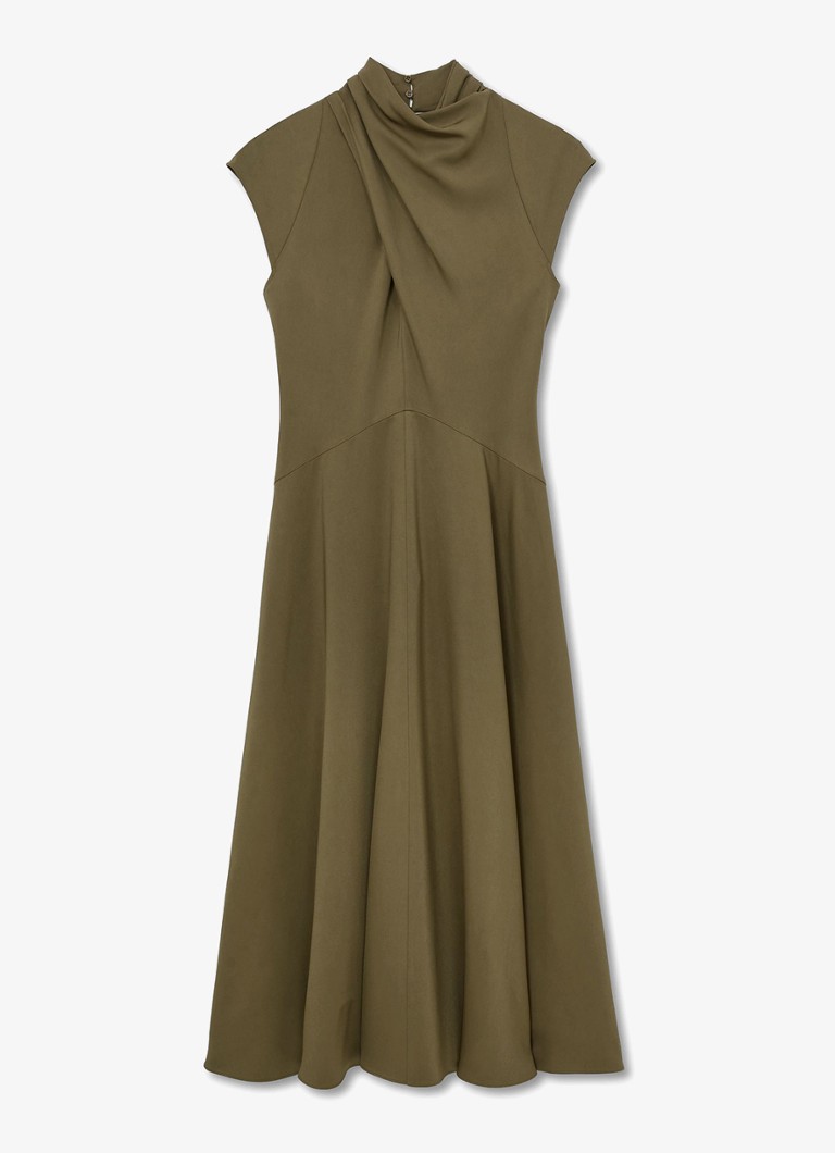 Reiss Dames ALMA midi A-lijn jurk met plooien in de kleur Khaki