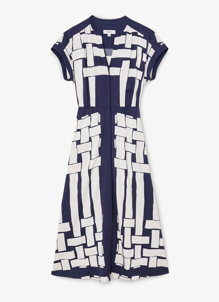 Reiss Dames Samira midi jurk met print en strikceintuur in de kleur Navy / Ivoor