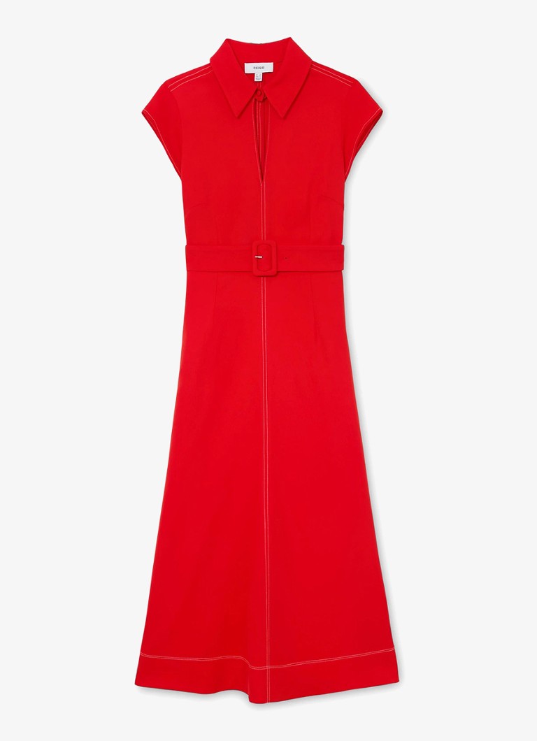 Reiss Dames Sloane midi jurk met ceintuur in de kleur Rood