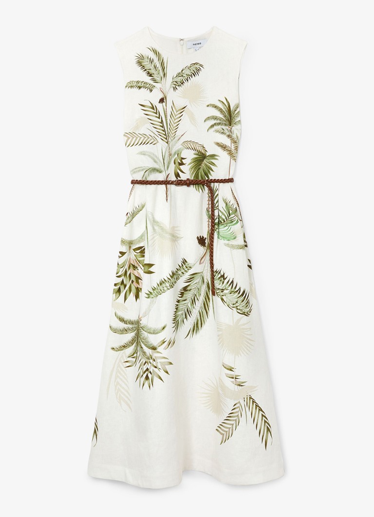 Reiss Dames Palma midi jurk van linnen met print in de kleur Ivoor