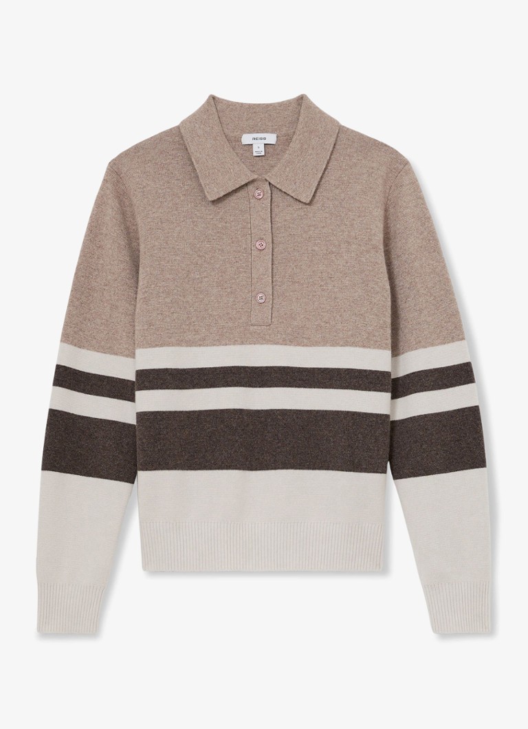Reiss Dames Bronte fijngebreide polo in kasjmierblend met streepprint in de kleur Beige