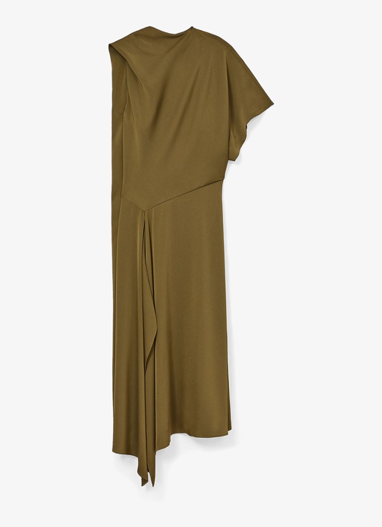 Reiss Dames Naomi one shoulder maxi jurk van satijn met plooidetail in de kleur Khaki