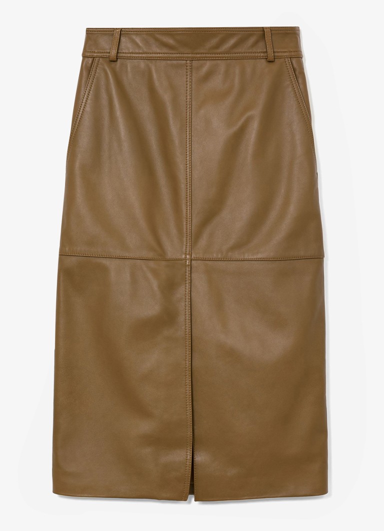 Reiss Dames Milly midi kokerrok van leer in de kleur Khaki