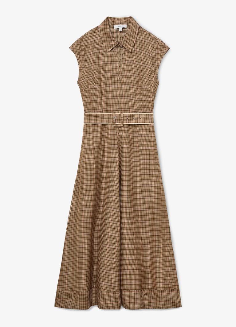 Reiss Dames Sammie midi jurk met ceintuur en ruitdessin in de kleur Lichtbruin