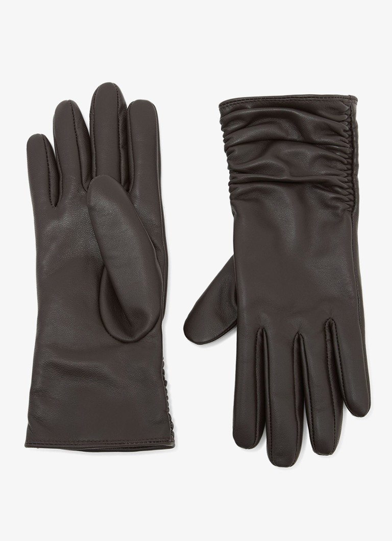 Reiss Dames Ginny leren handschoenen met ruches in de kleur Chocoladebruin
