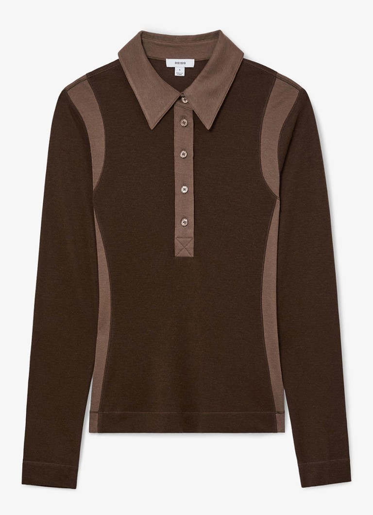 Reiss Dames Wendy color block polo in wolblend in de kleur Chocoladebruin