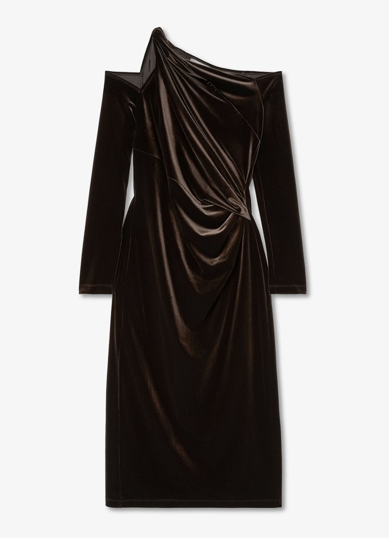 Reiss Dames Koda gedrapeerde off-shoulder midi-jurk van fluweel in de kleur Bruin