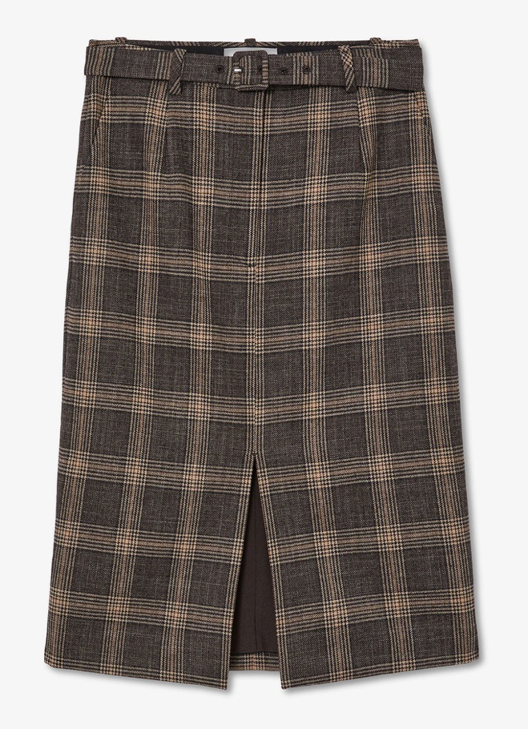 Reiss Dames Sandor midi rok van wol met ruitdessin in de kleur Bruin