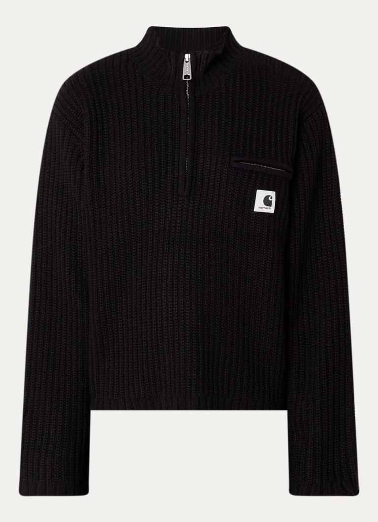 Carhartt WIP Dames Detroit ribgebreide trui in wolblend met halve rits in de kleur Zwart, maat: L