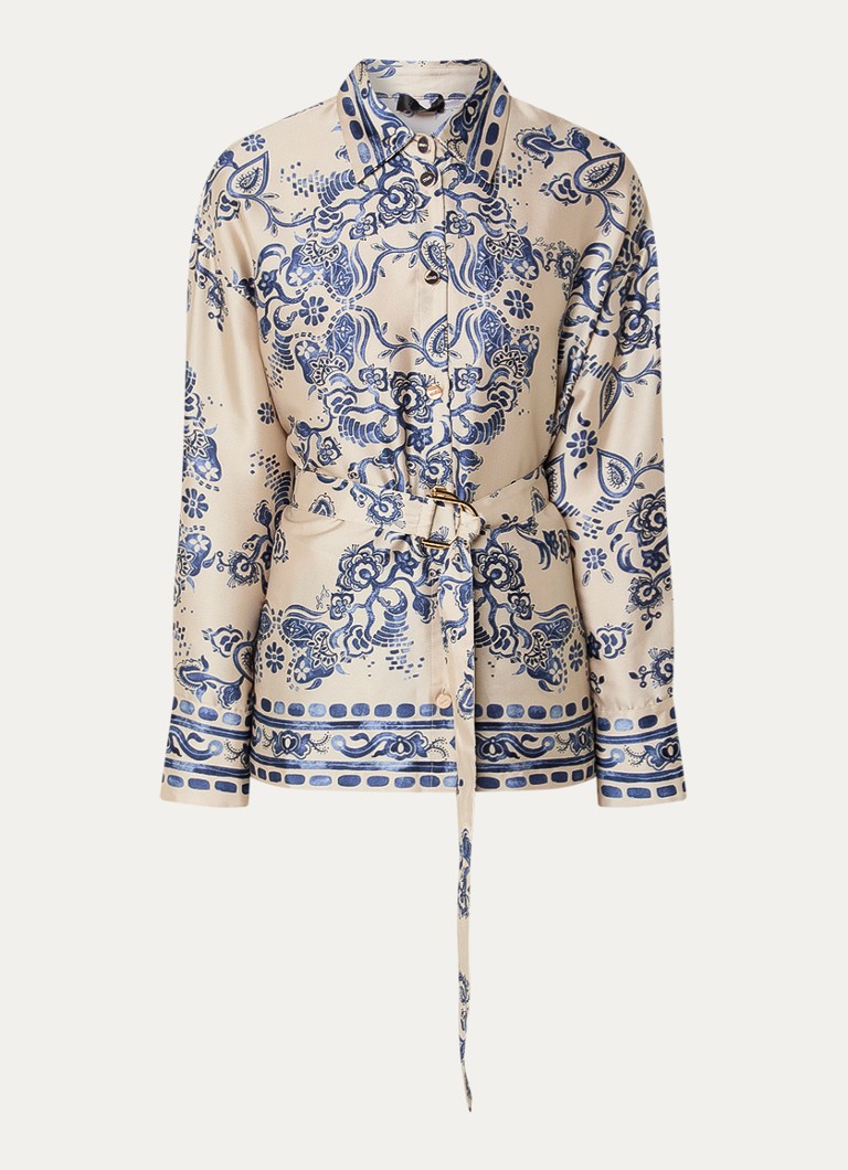 Liu Jo Dames Blouse van satijn met bloemenprint en strikceintuur in de kleur Beige