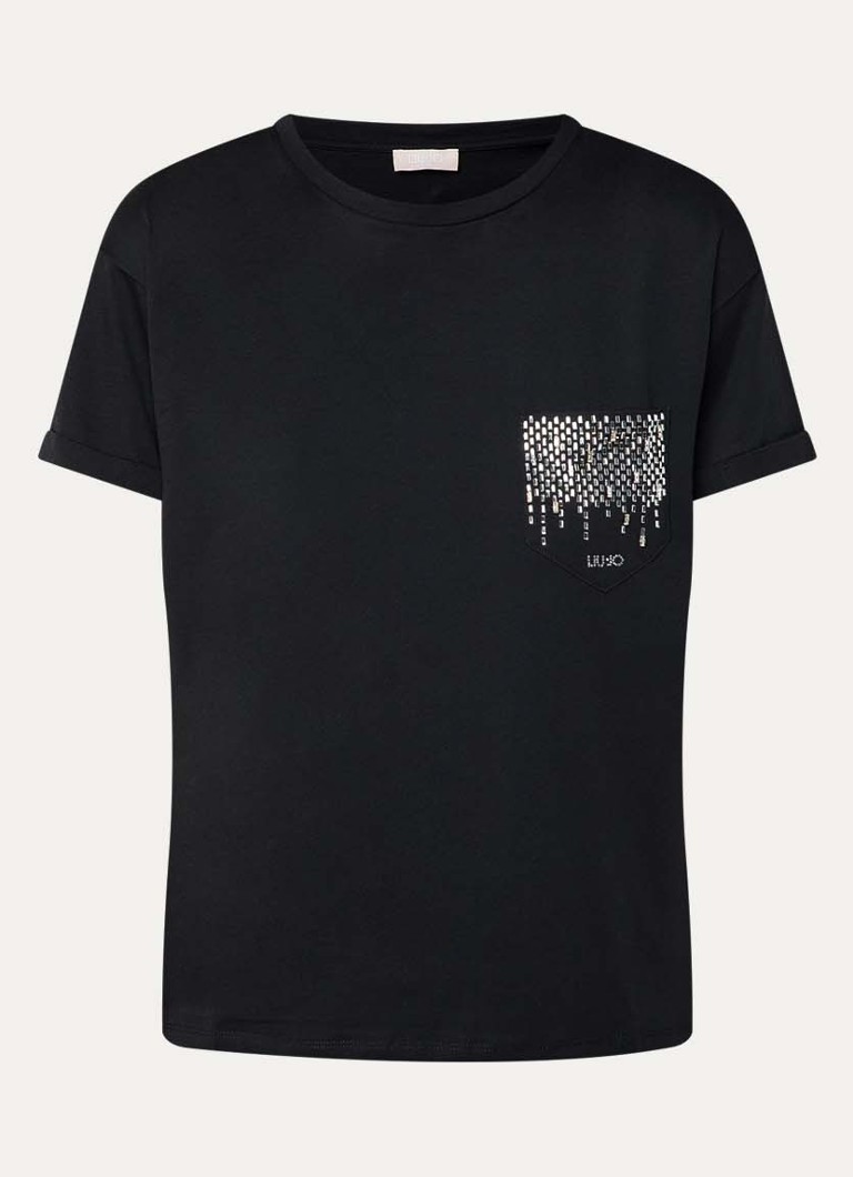 Liu Jo Dames T-shirt met borstzak en strass in de kleur Zwart