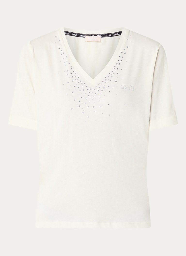 Liu Jo Dames T-shirt met logo en strass in de kleur Gebroken wit