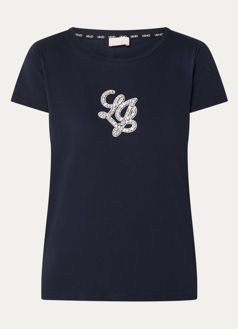 Liu Jo Dames T-shirt met logoprint en strass in de kleur Donkerblauw