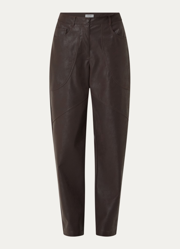 Liu Jo Dames Mid waist straight fit broek van imitatieleer in de kleur Donkerbruin