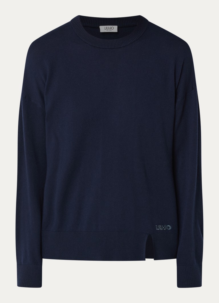 Liu Jo Dames Fijngebreide pullover in wolblend met ronde hals in de kleur Donkerblauw