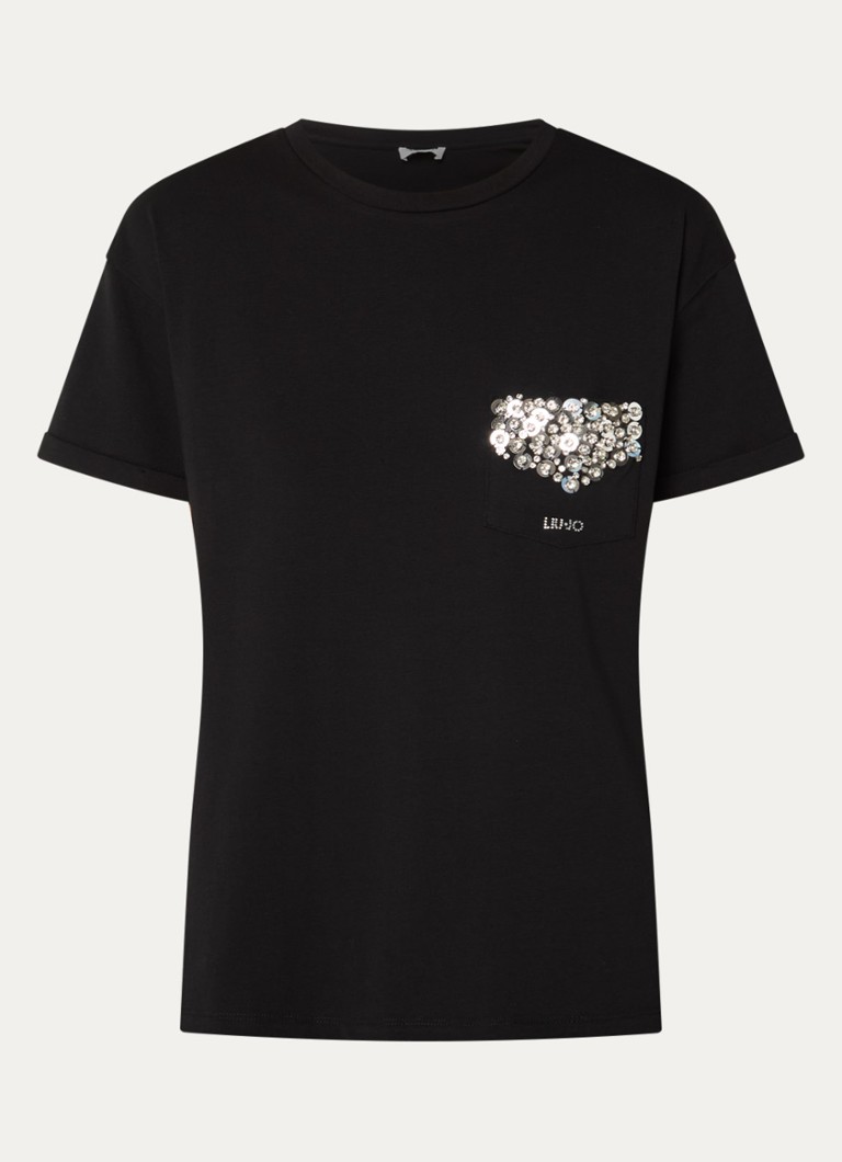 Liu Jo Dames T-shirt met strass en borstzak in de kleur Zwart