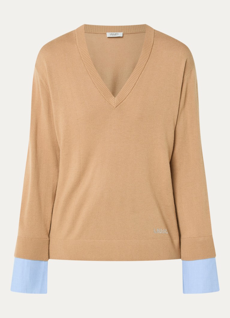 Liu Jo Dames Fijngebreide pullover in wolblend met V-hals in de kleur Camel