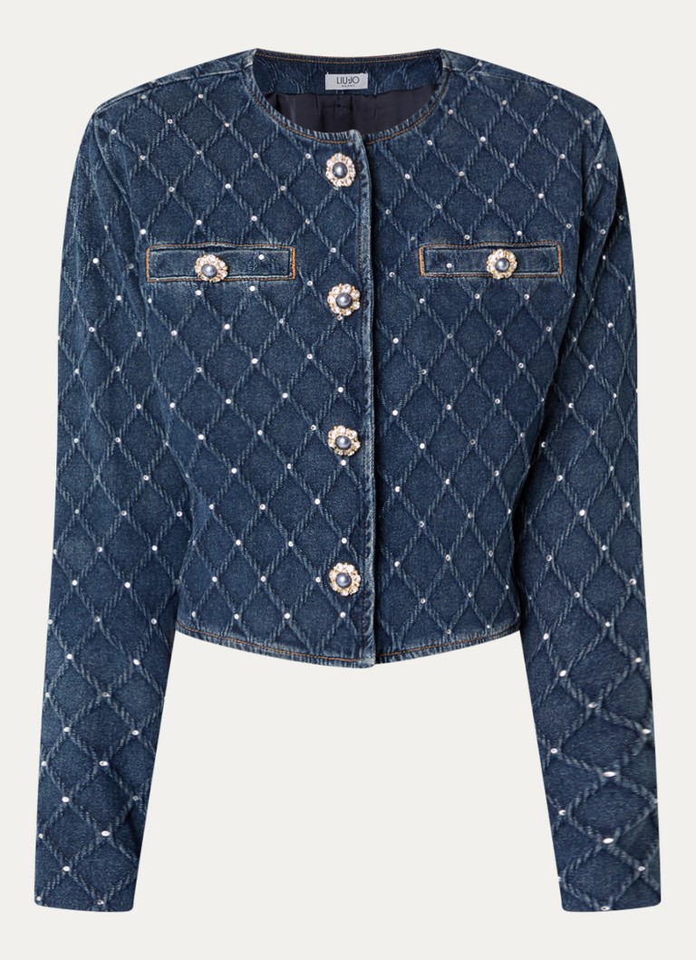 Liu Jo Dames Cropped spijkerjas met strass in de kleur Indigo