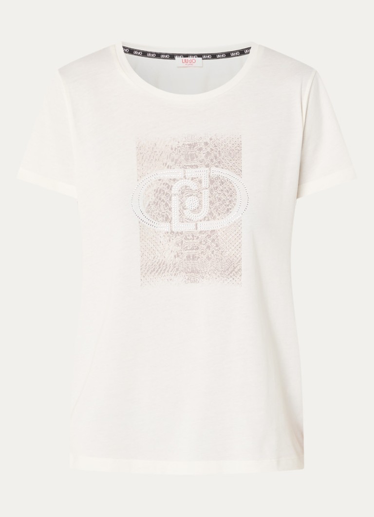 Liu Jo Dames T-shirt met logoprint en strass in de kleur Gebroken wit
