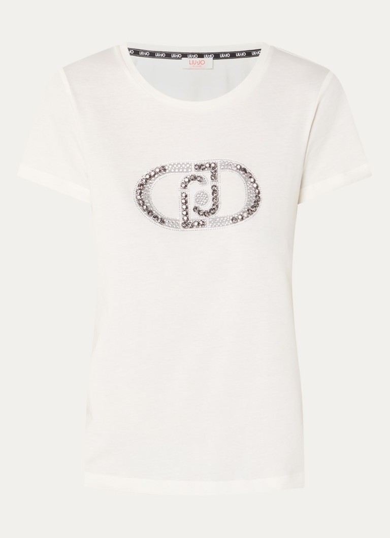 Liu Jo Dames T-shirt met logoprint en strass in de kleur Gebroken wit