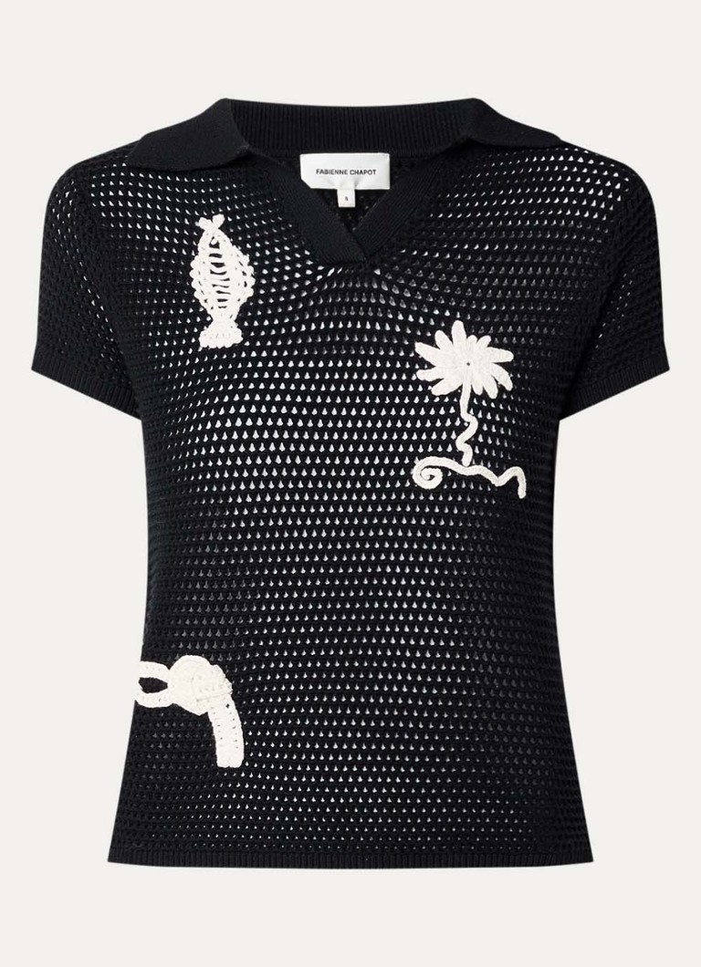 Fabienne Chapot Dames Fin polo van crochet met opengewerkt dessin in de kleur Zwart
