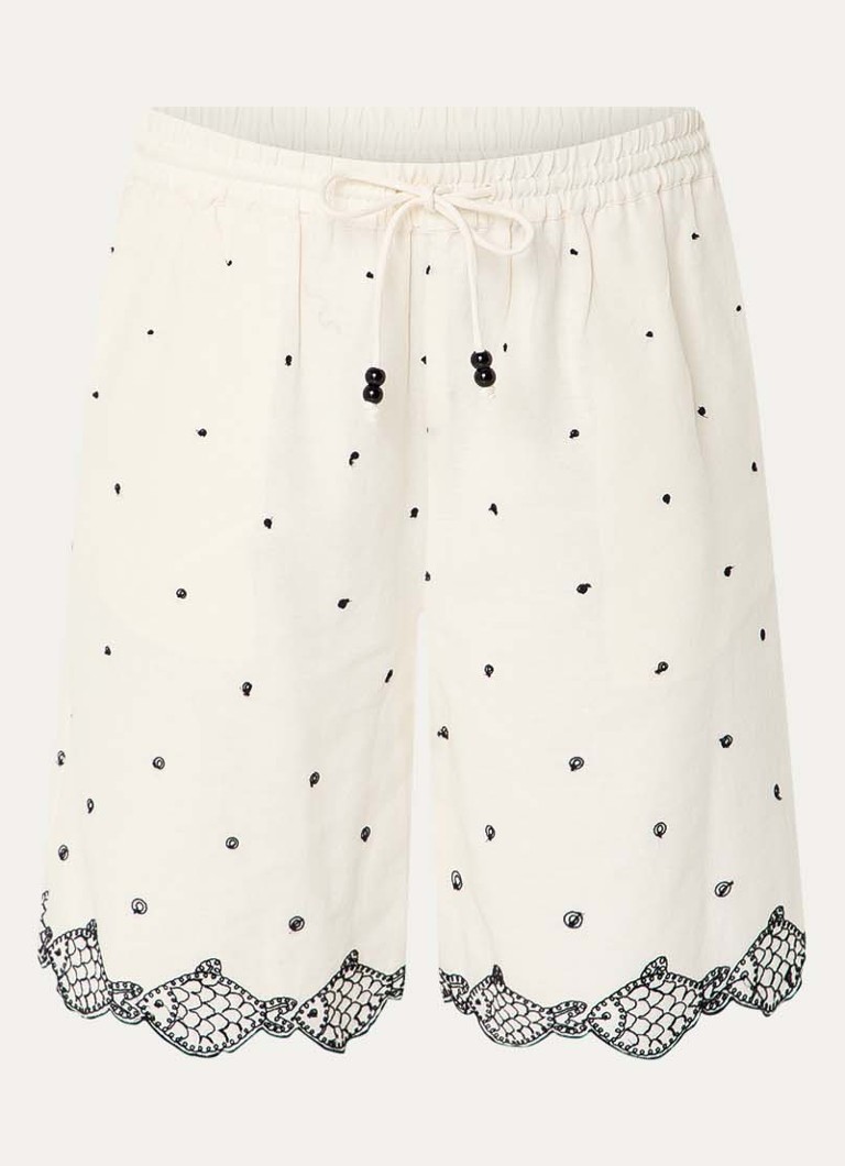 Fabienne Chapot Dames Bohdi high waist wide fit korte broek met borduring in de kleur Gebroken wit