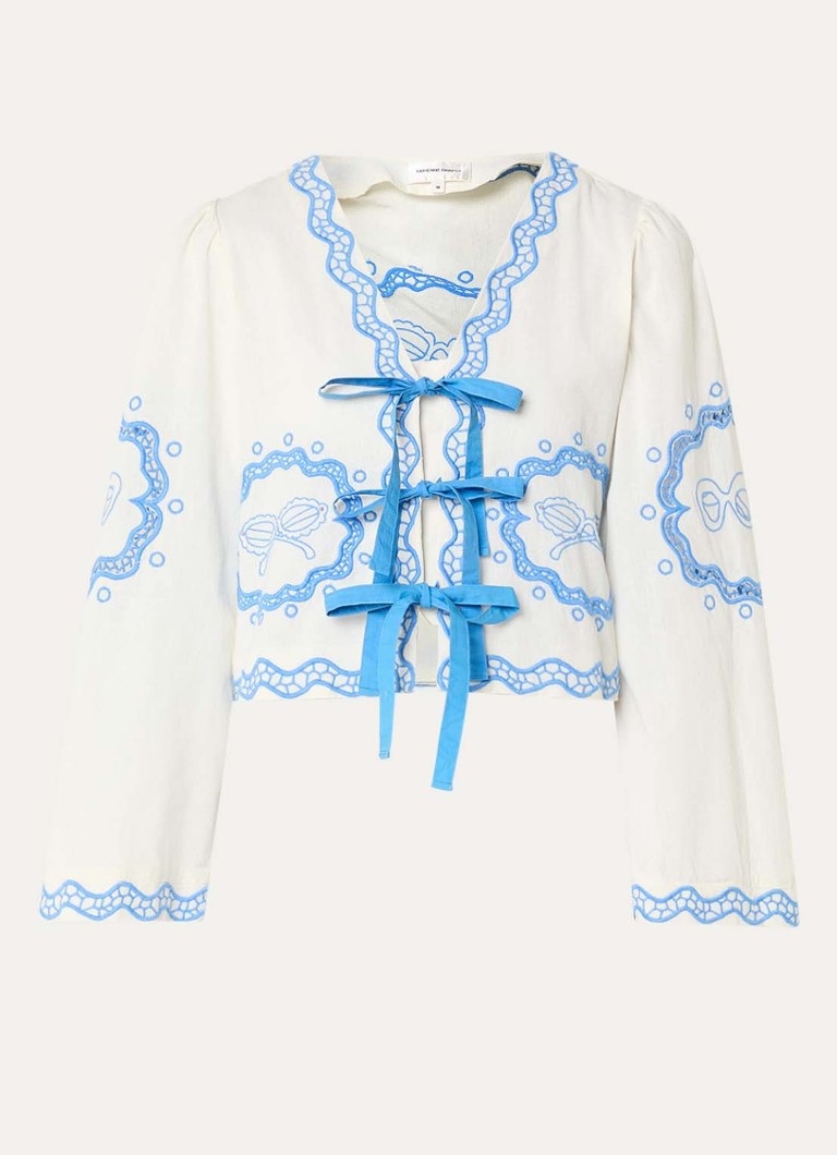 Fabienne Chapot Dames Serviette blouse met broderie en gestrikt detail in de kleur Gebroken wit