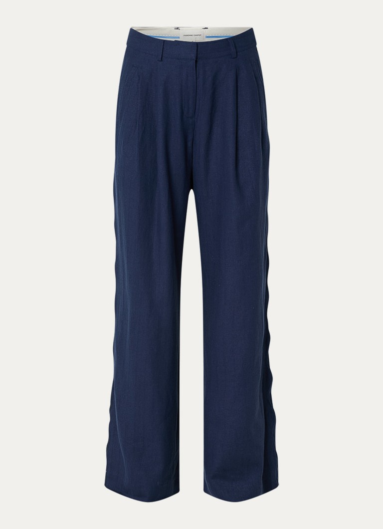 Fabienne Chapot Dames Carlie high waist wide fit broek in linnenblend met plooidetail in de kleur Donkerblauw