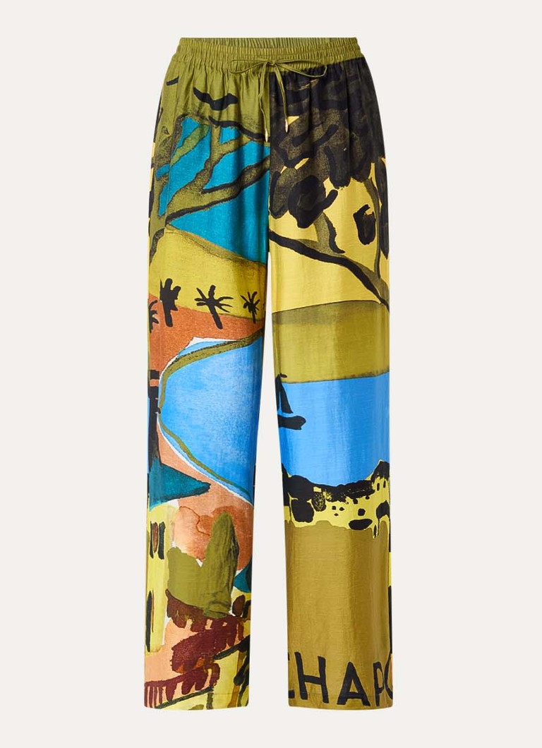 Fabienne Chapot Dames Brent high waist loose fit pantalon in linnenblend met print in de kleur Mosgroen