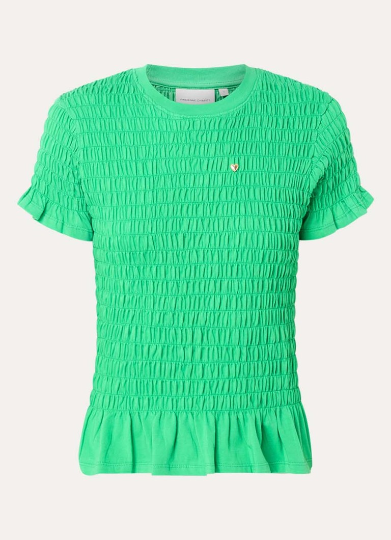Fabienne Chapot Dames Carmen T-shirt met smockwerk in de kleur Groen