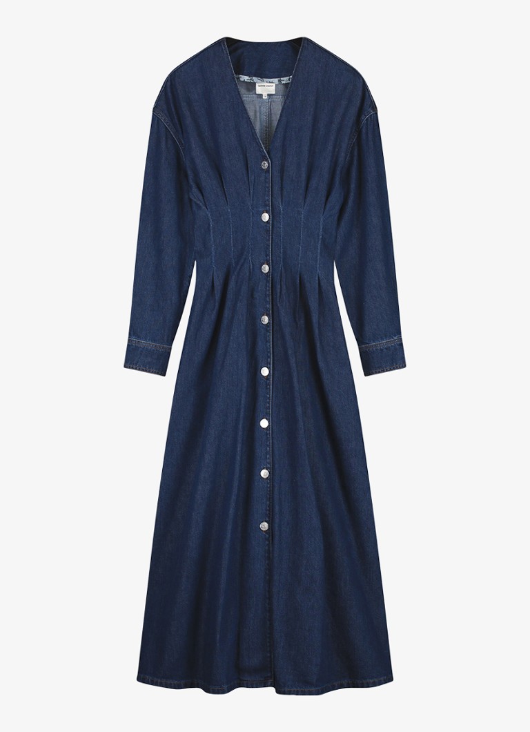 Fabienne Chapot Dames Faith midi denim jurk met V-hals in de kleur Donkerblauw