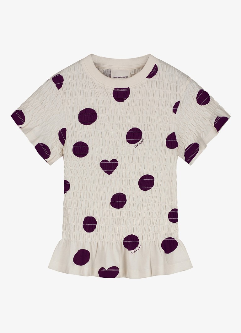 Fabienne Chapot Dames Carmen T-shirt met stippenprint en smockwerk in de kleur Gebroken wit