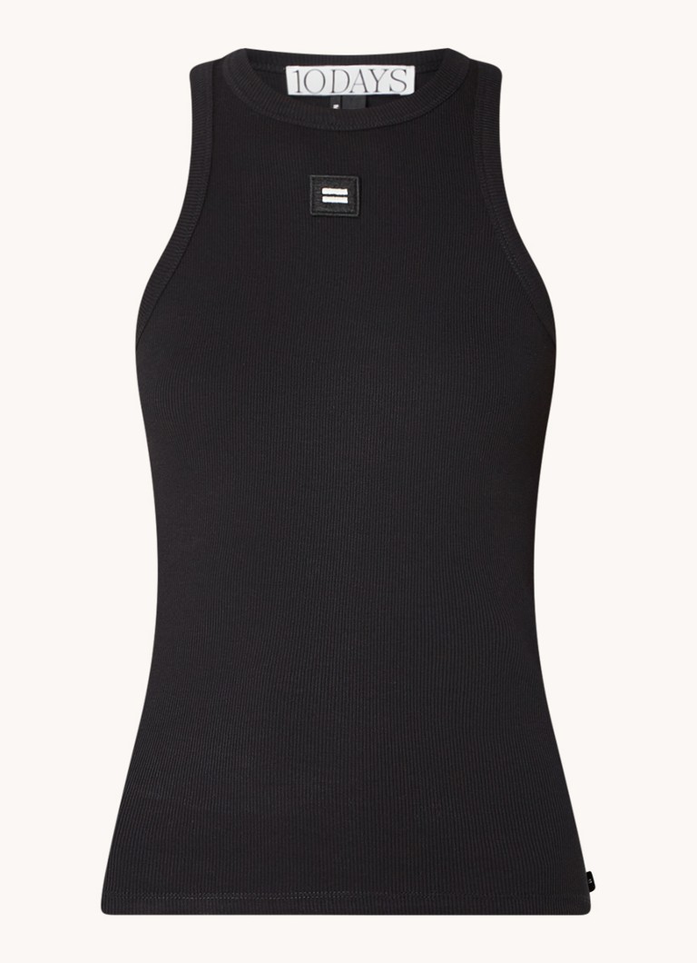 10DAYS Dames Tanktop met ribstructuur en logoborduring in de kleur Zwart