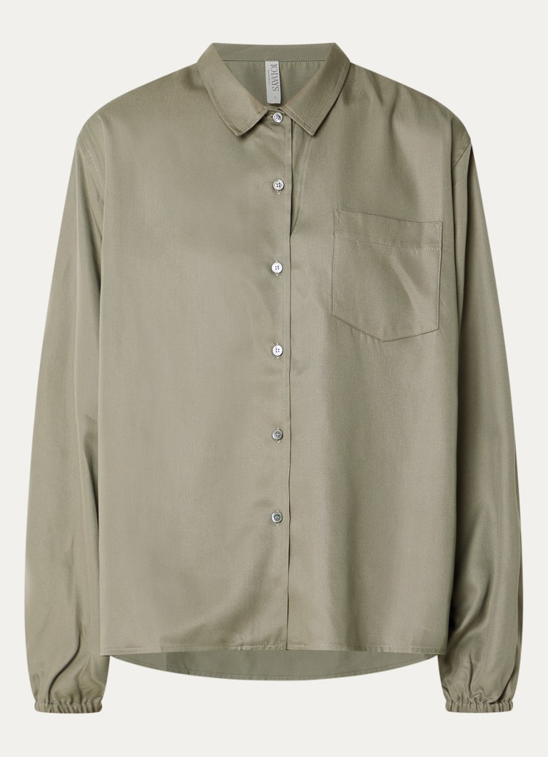 10DAYS Dames Oversized blouse met glanzende finish en ballonmouw in de kleur Olijfgroen