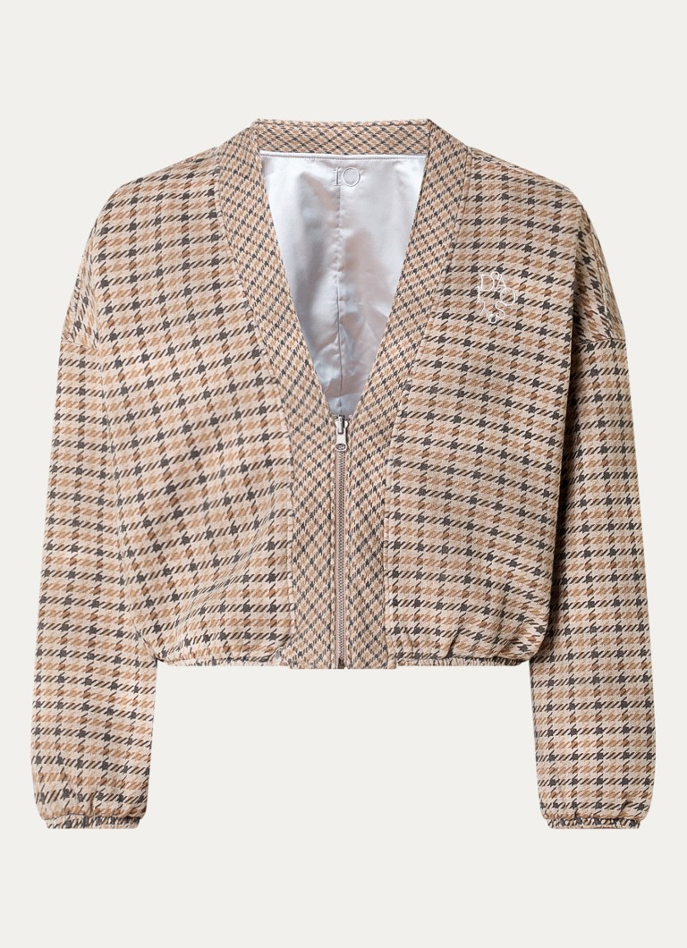 10DAYS Dames Cropped sweatvest met pied-de-poule dessin en logo in de kleur Donkerbeige