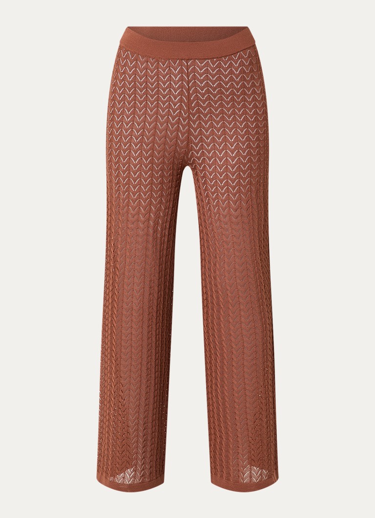 Malina Dames Martina grofgebreide high waist wide fit broek in de kleur Roestbruin