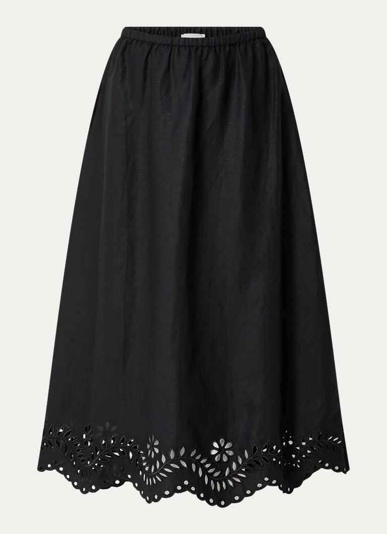 Malina Dames Chara midi rok in linnenblend met broderie in de kleur Zwart
