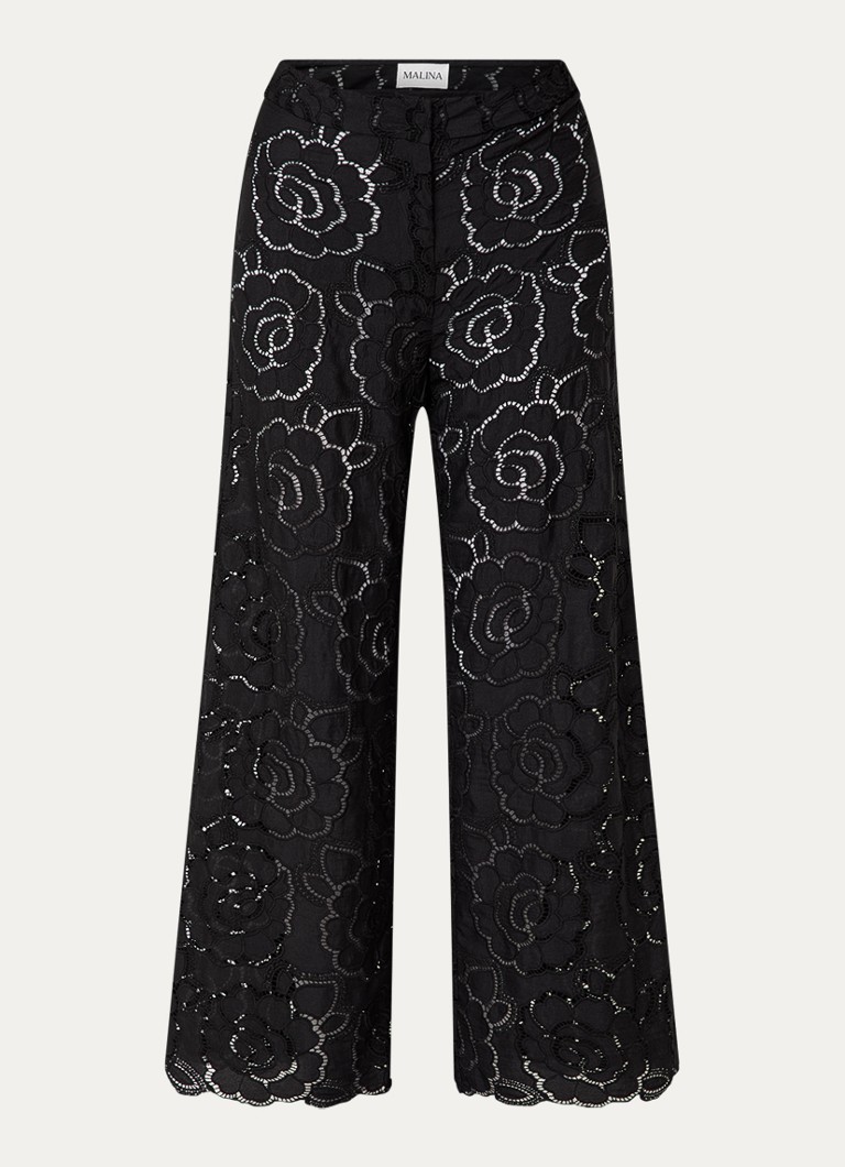 Malina Dames Stacey high waist wide fit broek met broderie in de kleur Zwart