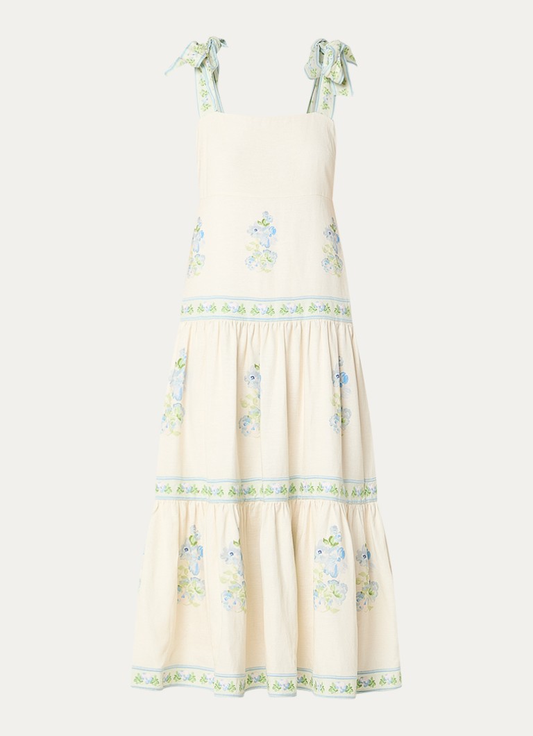 Malina Dames Stefania midi jurk in linnenblend met bloemenprint in de kleur Beige