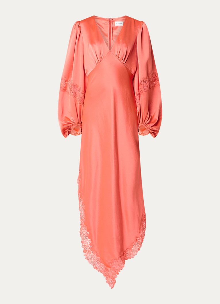 Malina Dames Seema midi jurk van satijn met asymmetrische zoom en details van kant in de kleur Koraal