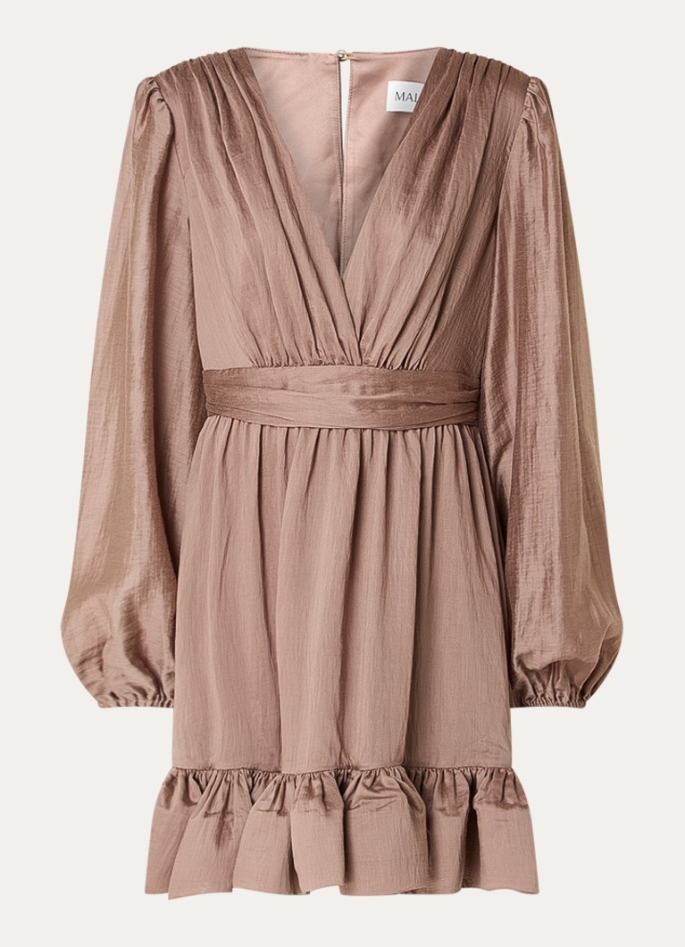 Malina Dames Jadie mini jurk met strikceintuur en ballonmouw in de kleur Donkerbeige