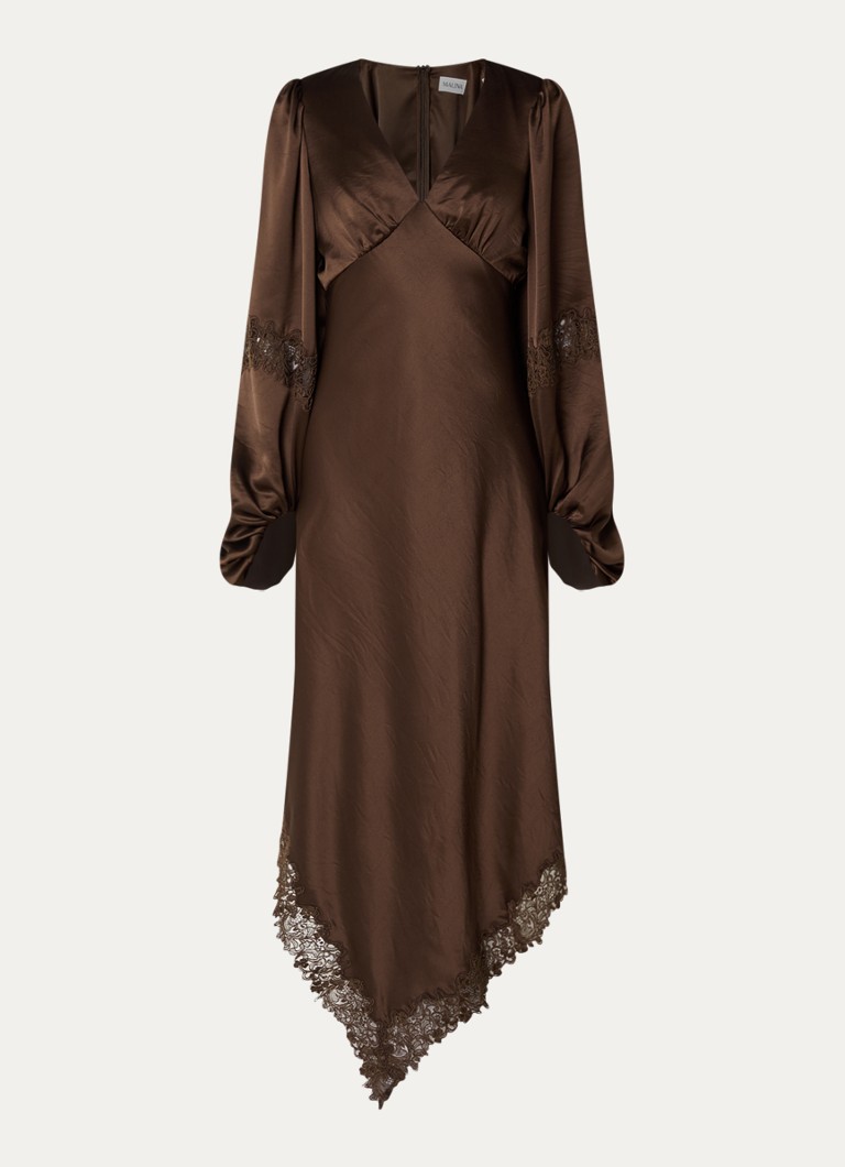 Malina Dames Seema midi jurk van satijn met asymmetrische zoom en details van kant in de kleur Bruin
