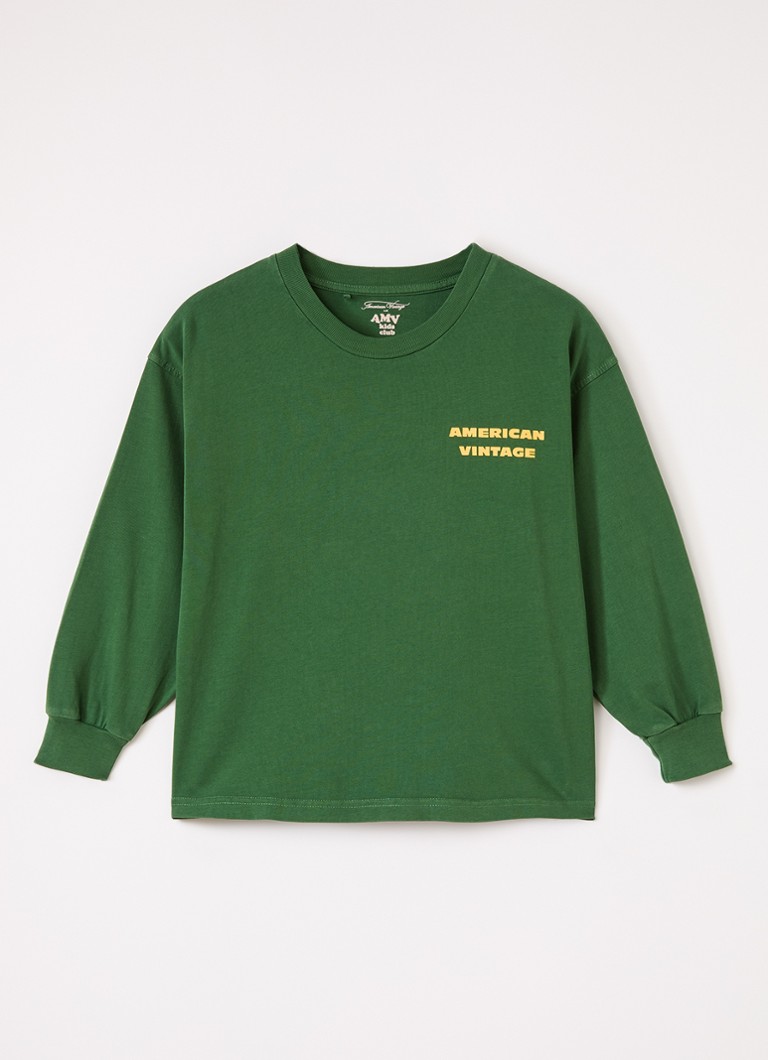 American Vintage Jongens Fizvalley longsleeve met logo- en backprint in de kleur Groen, maat: 13Y=158