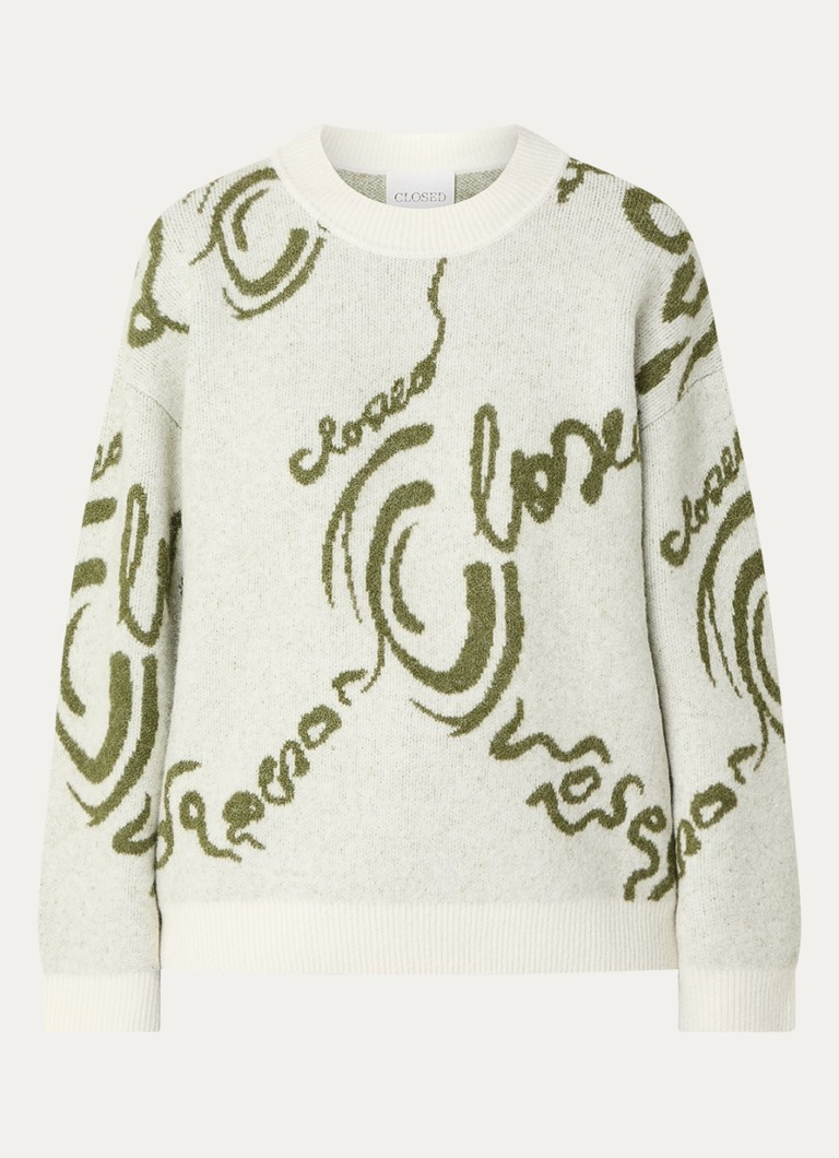 CLOSED Dames Fijngebreide trui in alpaca wolblend met ingebreide logoprint in de kleur Olijfgroen
